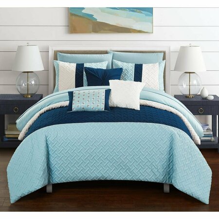FIXTURESFIRST 10 Piece Lior Quilted Embroidered Design Bedding Comforter Set, Blue FI2823076